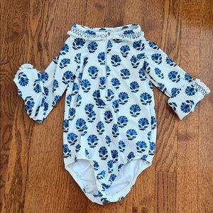 Girls' Blue Floral Long-Sleeve One-Piece Swimsuit